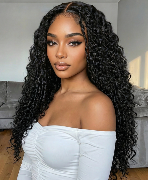 A model displays the UNice 18''-24'' UNice Bye Bye Slip 7x5 Lace Natural Black 4D Mixed Texture Burmese wig, showing a model with long curly hair wearing a white top.