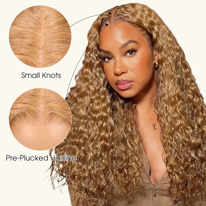 Deep Wave Honey Blonde Hair Wig Super Natural Hairline Glueless Lace Human Hair Wig Pre Cut Lace