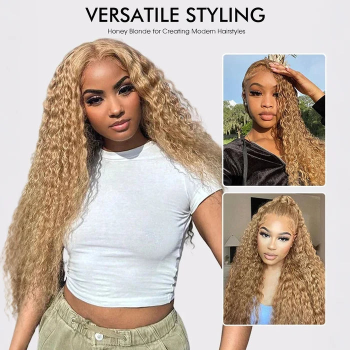Deep Wave Honey Blonde Hair Wig Super Natural Hairline Glueless Lace Human Hair Wig Pre Cut Lace