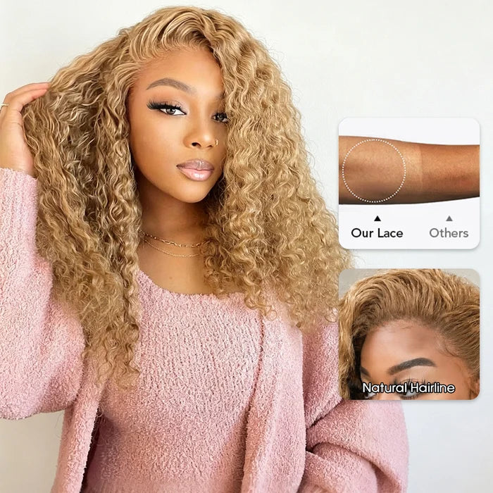 Deep Wave Honey Blonde Hair Wig Super Natural Hairline Glueless Lace Human Hair Wig Pre Cut Lace