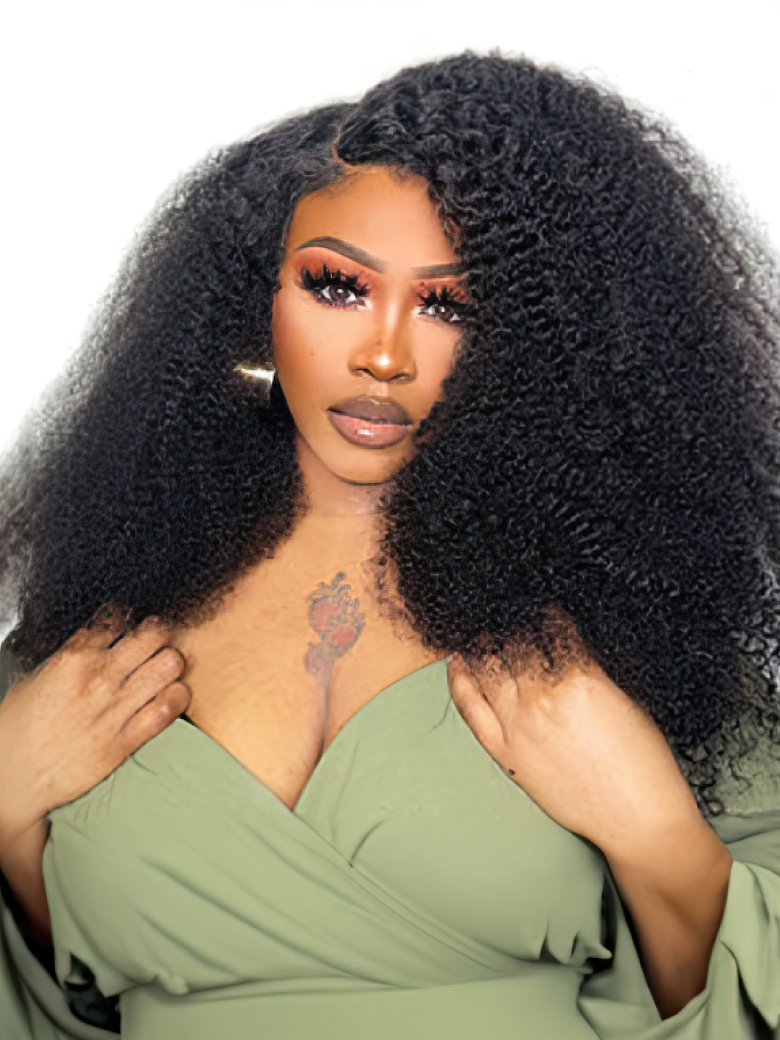 A model displays the UNice 200% Density HD Glueless 5x5 Lace Natural Afro Kinky Curly Human Hair Wig, showing a model with long curly hair and kinky curly texture, curly.