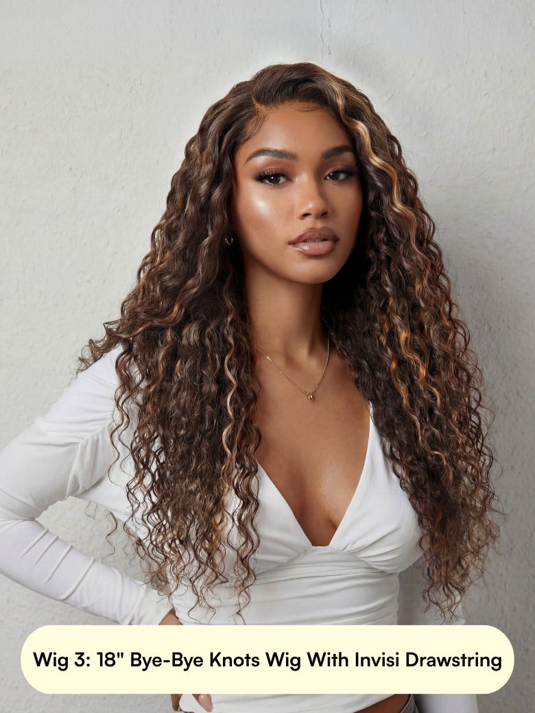 The UNice All wig $89: Bye Bye Knots Wig 13x4 Pre-Everything Lace Wig image highlights Wig3:18"Bye-ByeKnotsWigWithInvisiDrawstring, wigs for curly hair and 13x4, lace.