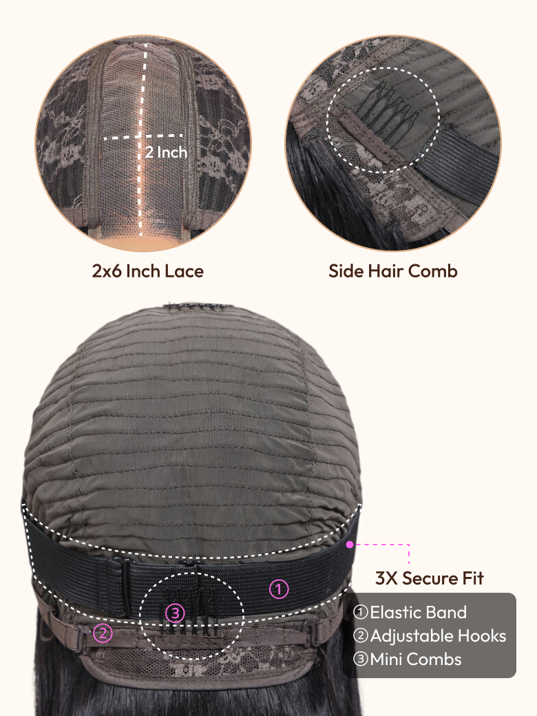 The UNice 2x6 Lace Closure Medium Brown Glueless Blunt Cut Bob Wig image highlights 2Inch, 2x6InchLace, SideHairComb, 3XSecureFit, the hairpieces are shown.
