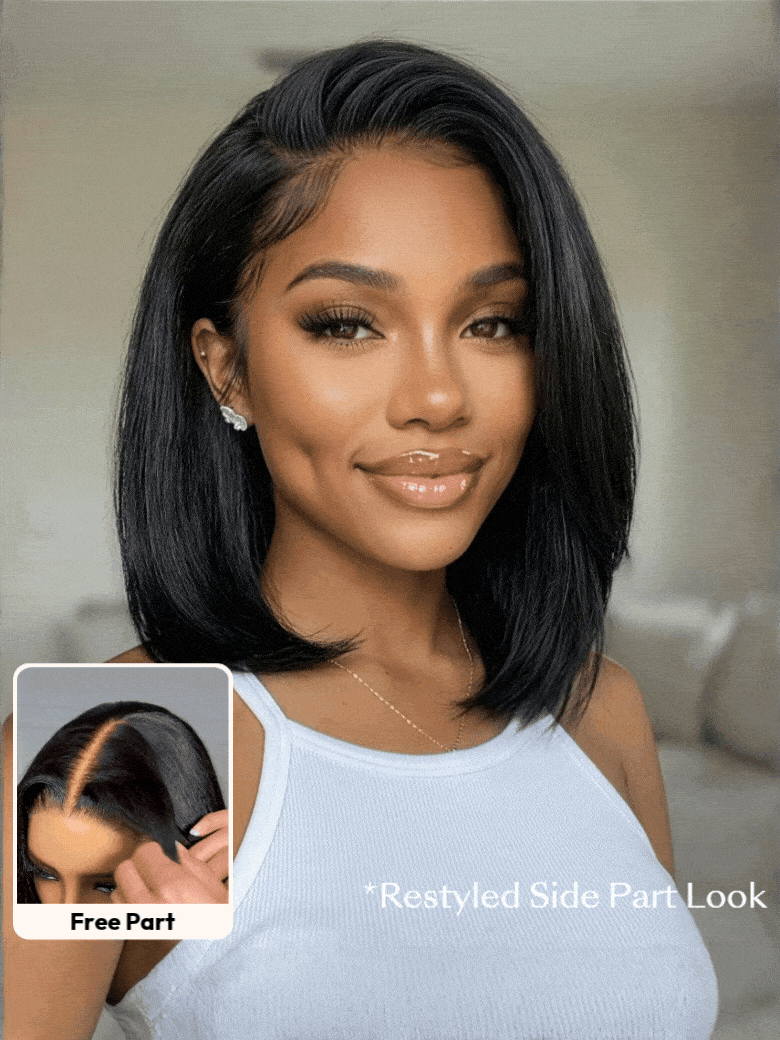 UNice black yaki straight bob wig styled in a deep side part, featuring a realistic plucked hairline and free part area.