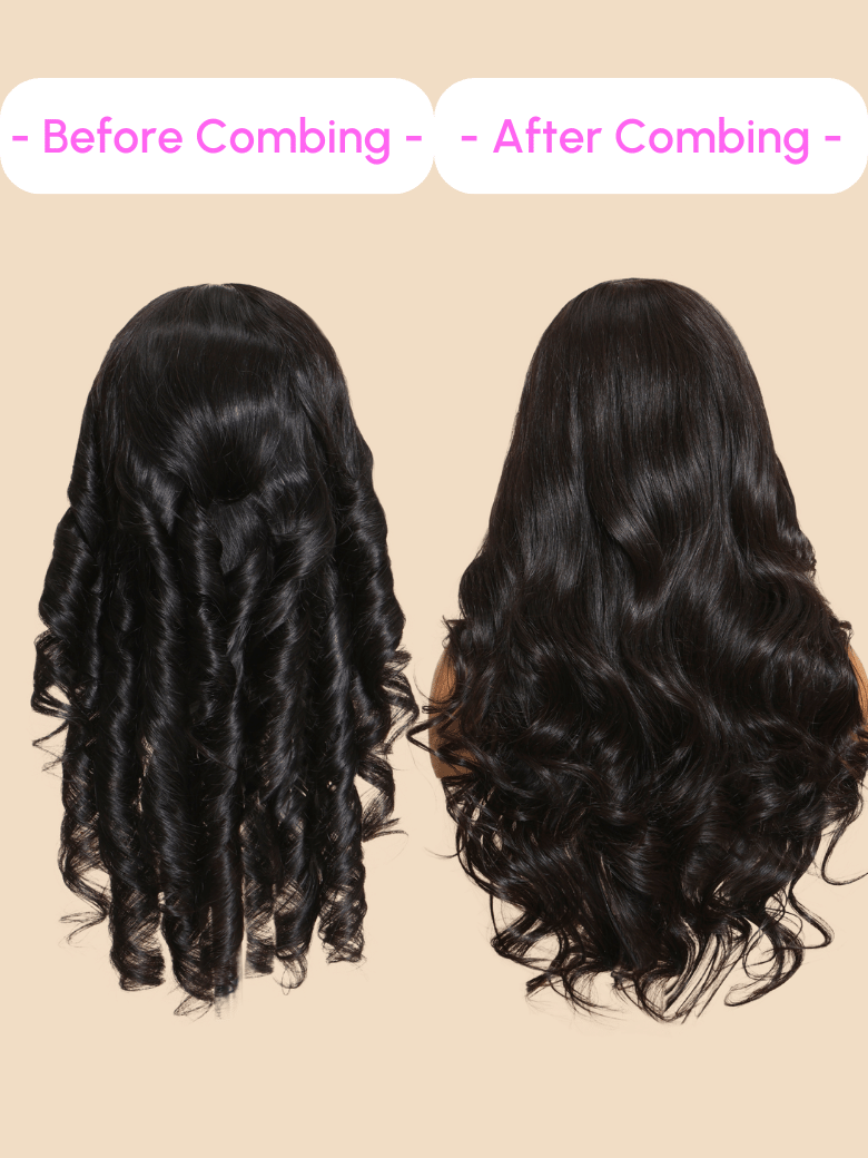 The UNice 7x5 Lace Bye Bye Knots & 13x6 Lace Frontal Black Body Wave Pre-Everything Wig image highlights Before Combing - - After Combing, before and after hair.