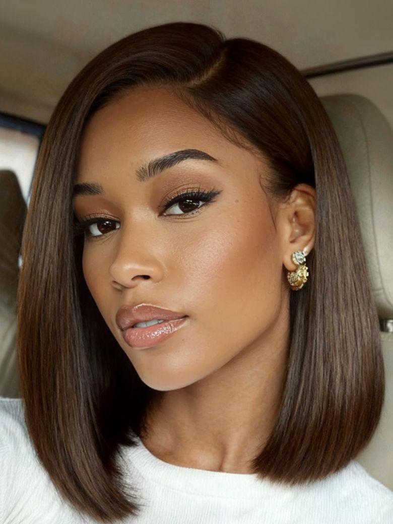 A model displays the UNice Bye Bye Slip 7x5 Lace Glueless Dark Chocolate Brown Side Part Yaki Straight wig, showing a model with a brown bob bob bob bob bob bob bob bob.