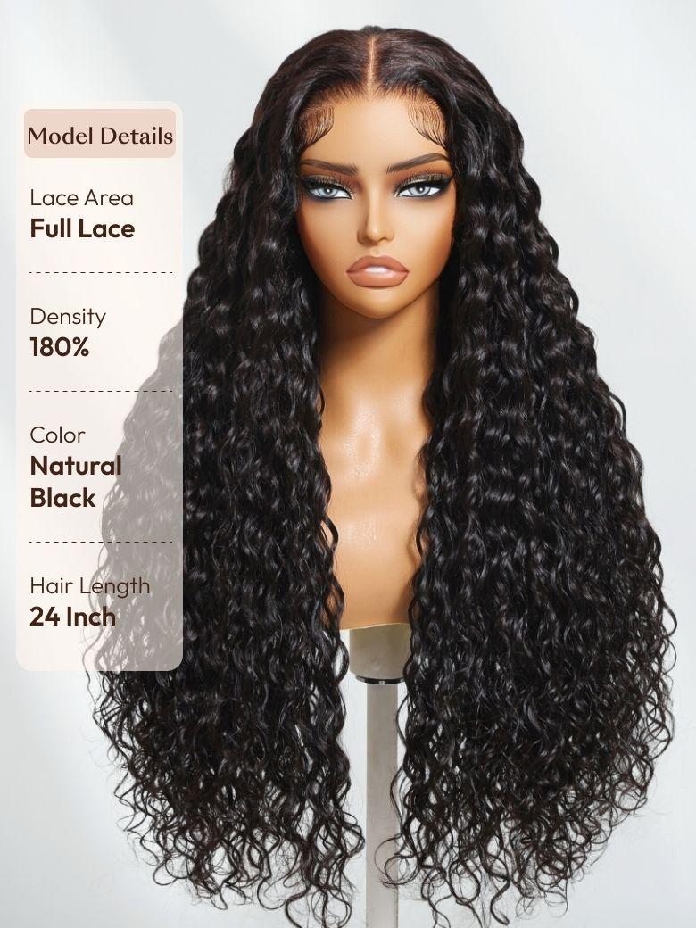 The UNice Full Lace 100% Handmade Invisible Black Water Wave Human Hair 180% Density Wig image highlights Model Details, LaceArea, Full Lace, Density, full lace wigs.