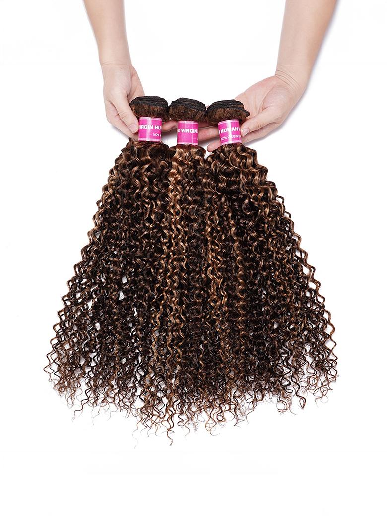A model displays the UNice Trending Curly Hair TL412# Color 3 Pieces Human Hair Weave On Sale, showing a woman holding a hair clip in her hands and curly texture.