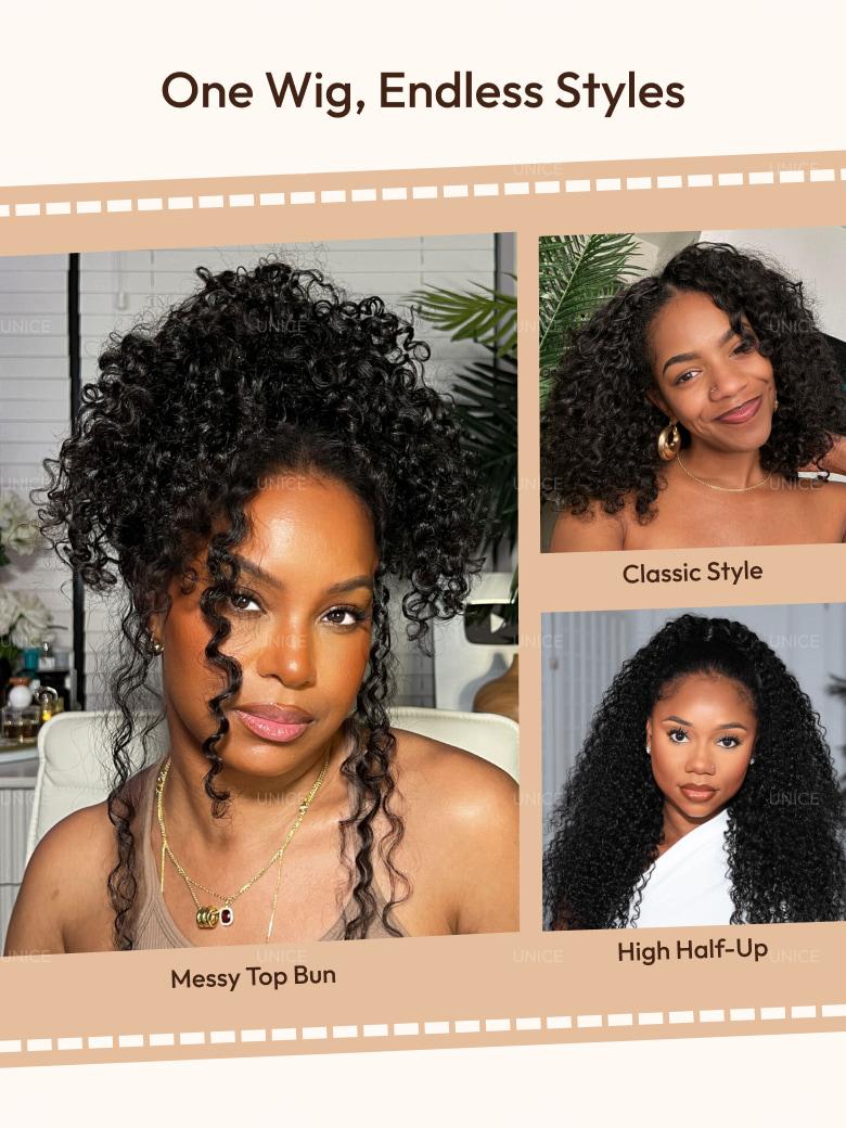 A model displays the UNice InvisiBlend V part Jerry Curly& Kinky Curly Wig Invisi Drawstring Human Hair, showing one - y - endless - style - curly hair extensions.