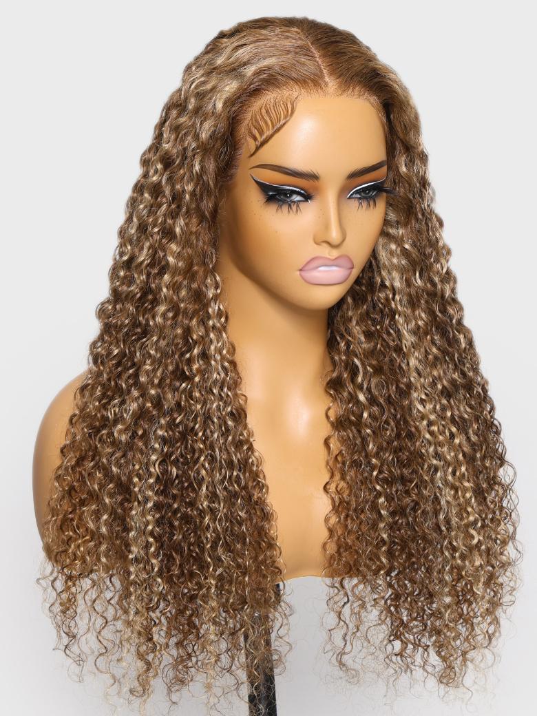The UNice Pre-Everything 13x4 Lace Frontal Honey Blonde Highlights Jerry Curly Wig product image shows a wig with curly hair and a long curly wig and jerry curl texture.