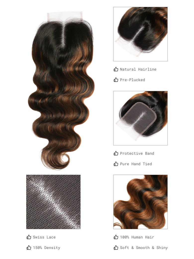 The UNice Balayage Ombre Highlight Body Wave 4x4 Free Part Lace Closure 1 Piece image highlights Natural Hairline, Pre-Plucked, Protective Band, Pure Hand Tied.