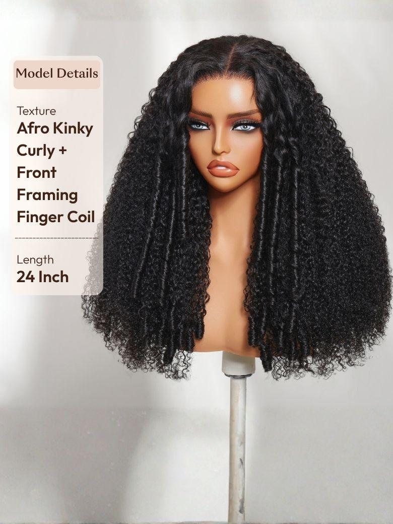The UNice FB 7x5 Bye Bye Slip & 13x4 Pre-Everything Curly Texture Premium Hair wig image highlights Model Details, Texture, Afro Kinky, Curly +, a wig with curly hair on.