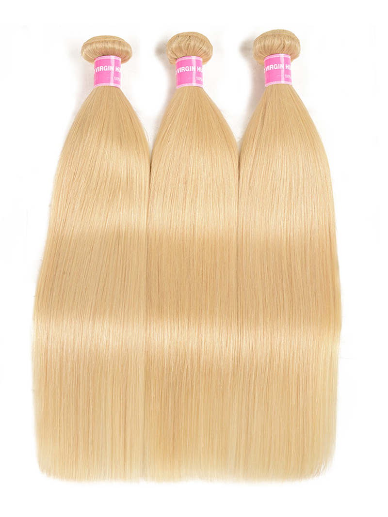 The UNice Hair 613 Blonde Virgin Human Hair Extension Bundles 10-24 Inch 3PCS Straight Hair image highlights VIRGIN, blonde blonde hair bundles and straight texture, 613.