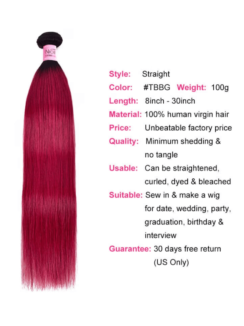 The UNice Pre-Colored Human Hair Weave #TB Burgundy Color Body Wave & Straight Hair bundles image highlights Style, Straight, Color, #TBBG, a red hair extension.