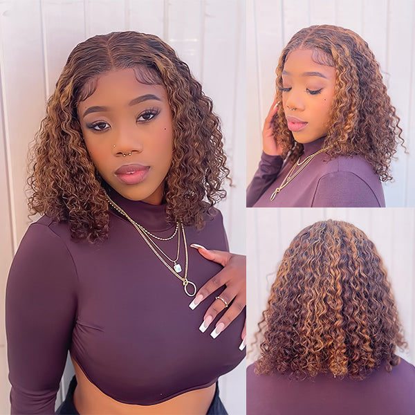 Worth | Mix Color Brown Curly Bob Wig Compact 13X4 Frontal Lace Wig