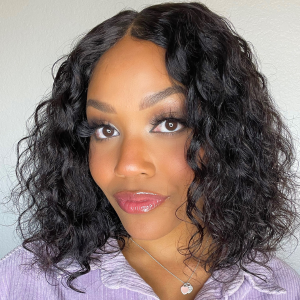 Casual Natural Black Curly 4x4 Closure Lace Glueless Mid Part Shoulder Length Wig 100% Human Hair