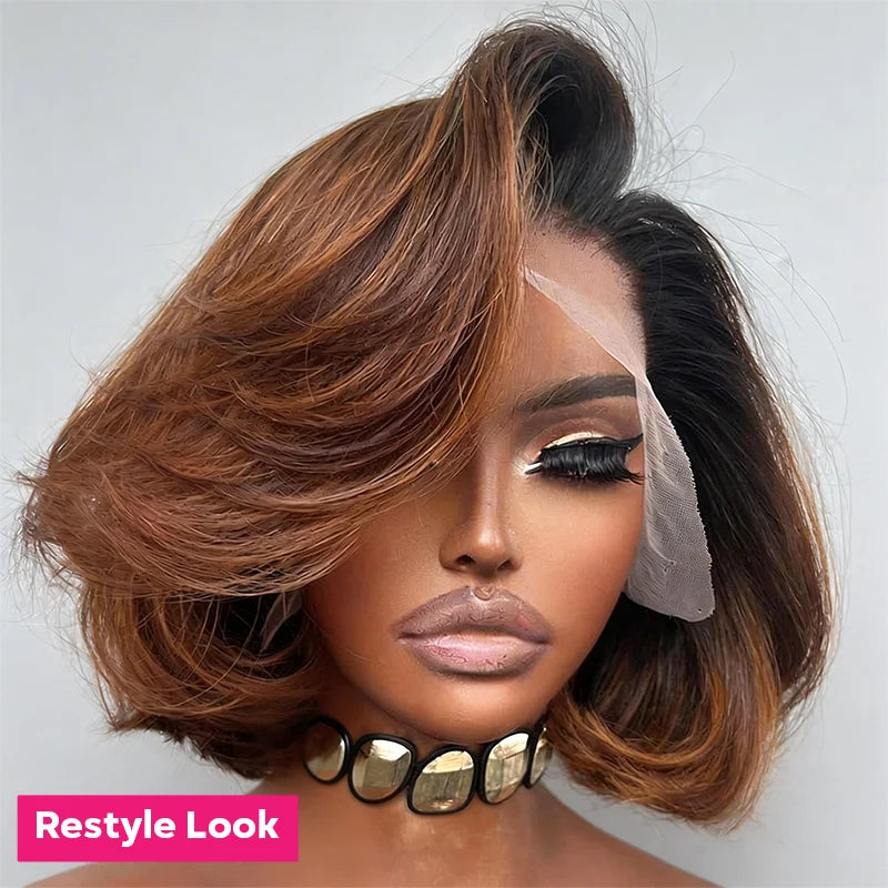 Brown Bob Wig Human Hair Invisible Melted Lace Wigs Pre Plucked Hairline Glueless Wigs For Black Women