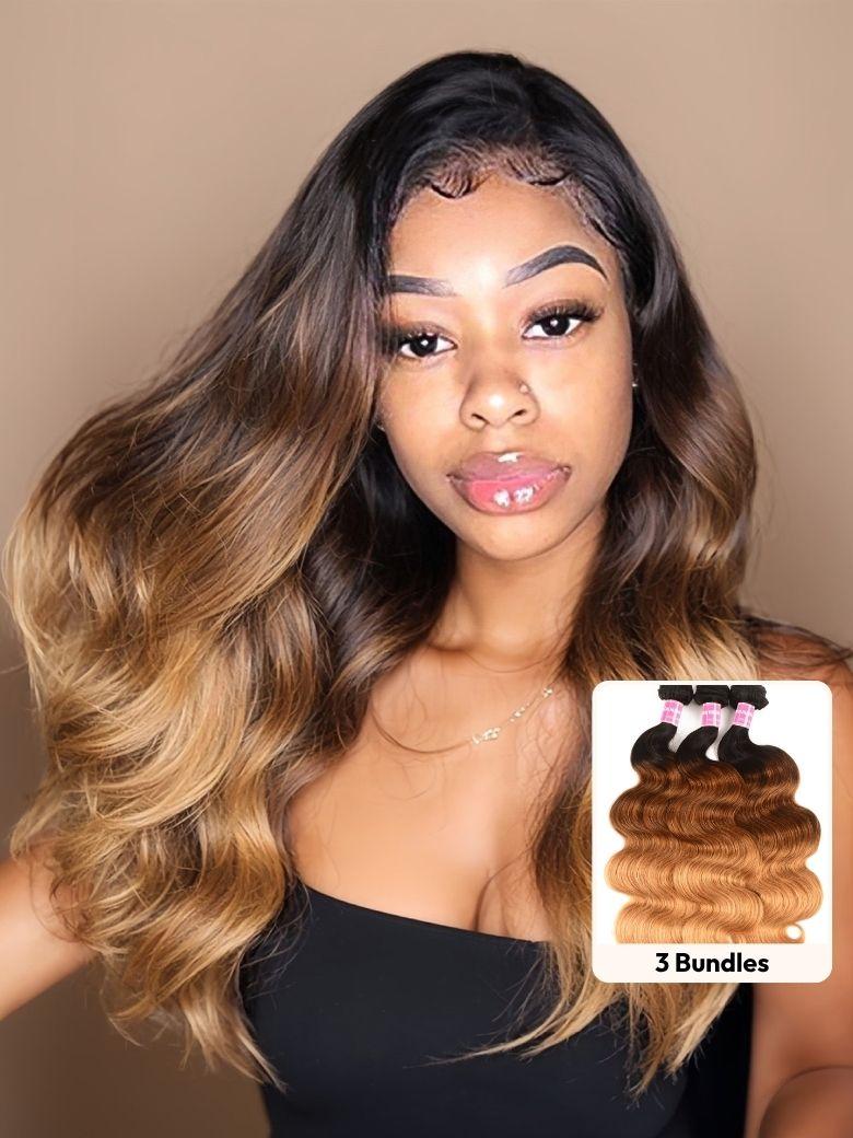 A model displays the UNice Hair 3 Bundles Brazilian Ombre Body Wave Human Hair, showing a model with long hair and a black top and body wave texture, ombre.