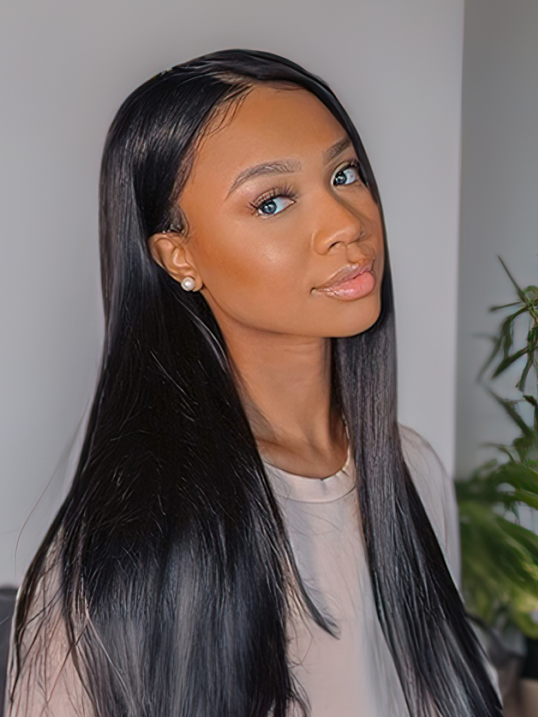 A model displays the UNice 5x5 HD Invisible Lace Closure With 3Pcs Straight Human Hair Bundles, showing a model with long black hair and a white shirt and straight.