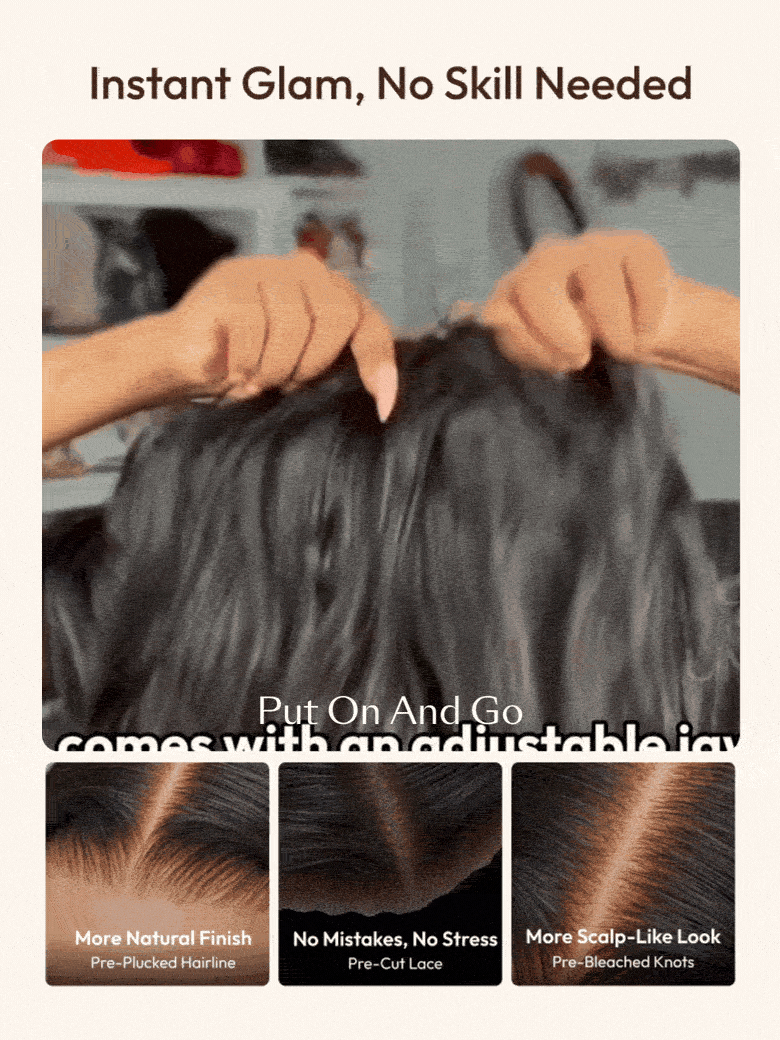 Put on and go glueless wig features pre-plucked hairline, pre-cut lace, and pre-bleached knots for a natural scalp-like look.