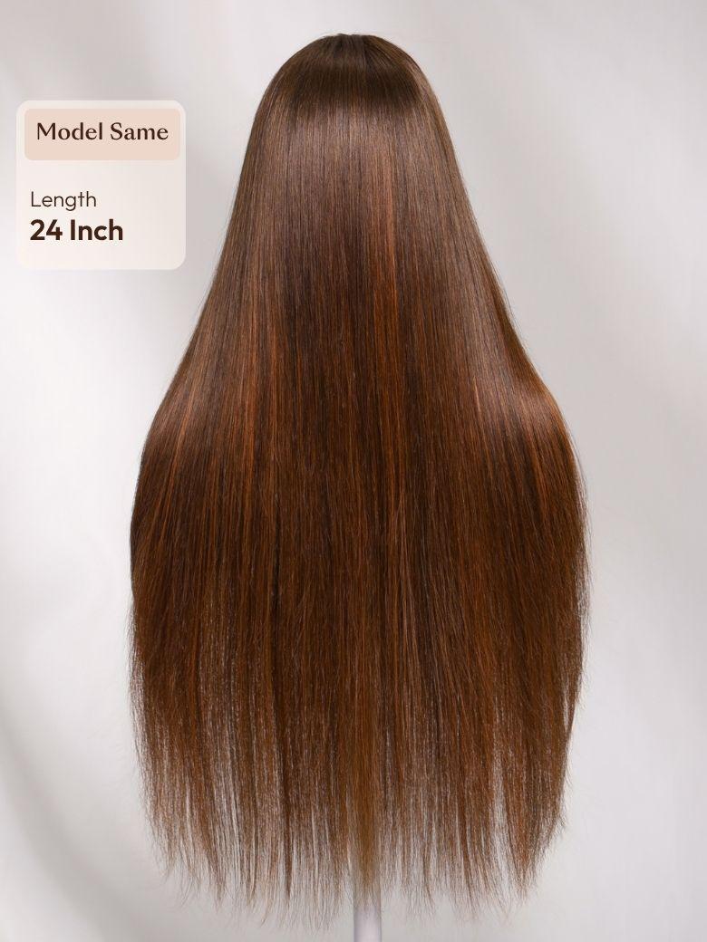 A model displays the UNice 7x5 Bye Bye Slip Lace Rich Brown with Golden Copper Highlights Layered wig, showing a long brown wig with a long fringe and straight texture.