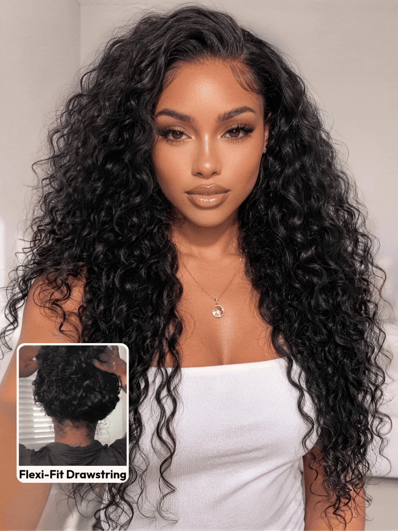 A model displays the UNice 7x5 Bye Bye Slip Glueless Water Wave Drawstring Wig With Baby Hair, showing a model with long curly hair and a brown top and water wave.