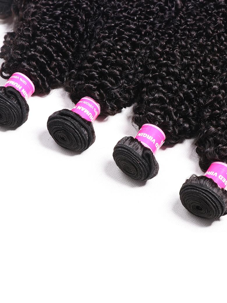 The UNice Hair 4 Bundles Kinky Curly Unprocessed Virgin Hair product image shows virgin curly extensions and kinky curly texture, curly texture, bundle fullness.