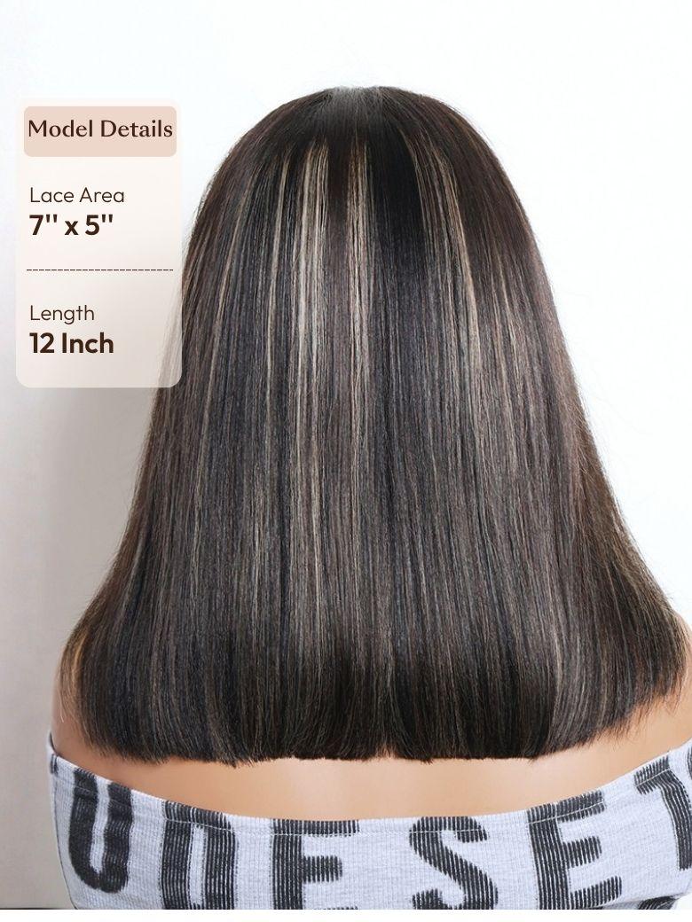 A model displays the UNice Bye Bye Slip 7x5 Lace Warm Brown with Beige Blonde Ribbon Highlights Layered wig, showing a model with a long, blonde haircut and highlight.