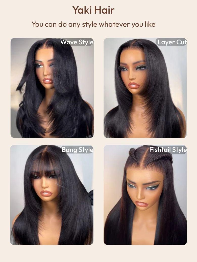 A model displays the UNice Black Yaki Straight 7x5 Glueless Lace Bye Bye Knots Wig With Baby Hair, showing a model with long hair and a wig and straight texture, yaki.
