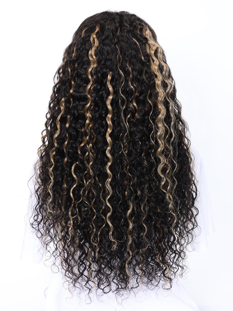 A model displays the UNice Pre-Cut 6x4.5 Lace Black With Blonde Highlights Water Wave Wig 180% Density, showing a model with curly hair and a white shirt and water wave.