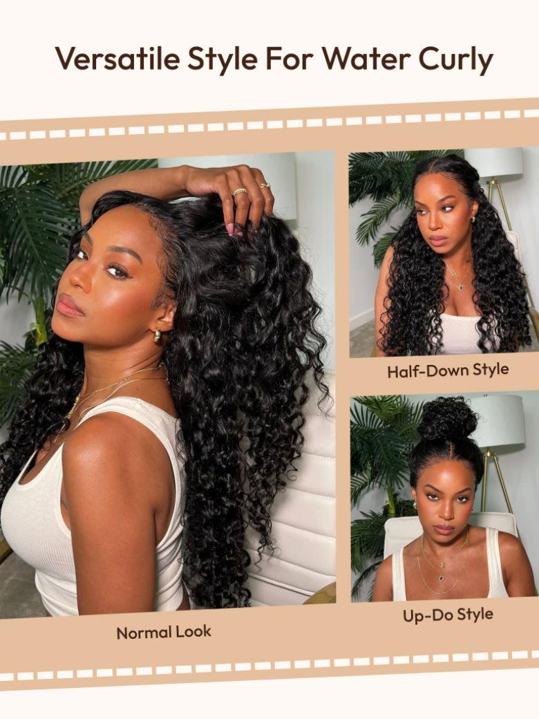 A model displays the UNice New In 13x4 Pre-Everything Lace Frontal & 7X5 Lace Natural Black Bouncy Water, showing a model with long curly hair wearing a white tank top.