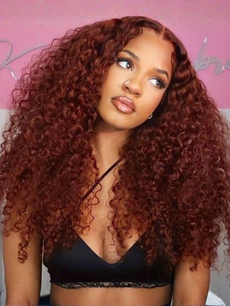 A model displays the UNice Ins Only 7x5 Bye Bye Knots Reddish Brown Kinky Curly & Straight & 13x4 wig, showing a model with long curly hair wearing a black bra bra bra.