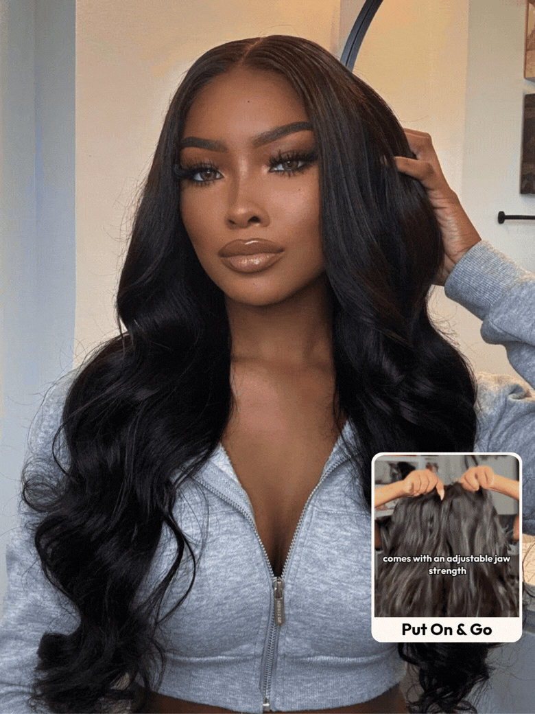 A model displays the UNice 13x4 Pre-Everything Wig With Face-Framing Layers And Side-Swept Bangs With, showing a model is straightening her hair with a hair straightener.