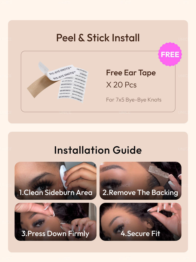 The UNice 7x5 Bye Bye Slip Wig Glueless Lace 150% density Flattering Sun-Kissed Warm image highlights Peel&StickInstall, FREE, Free Ear Tape, BYE-BYEKNOTS, a poster.