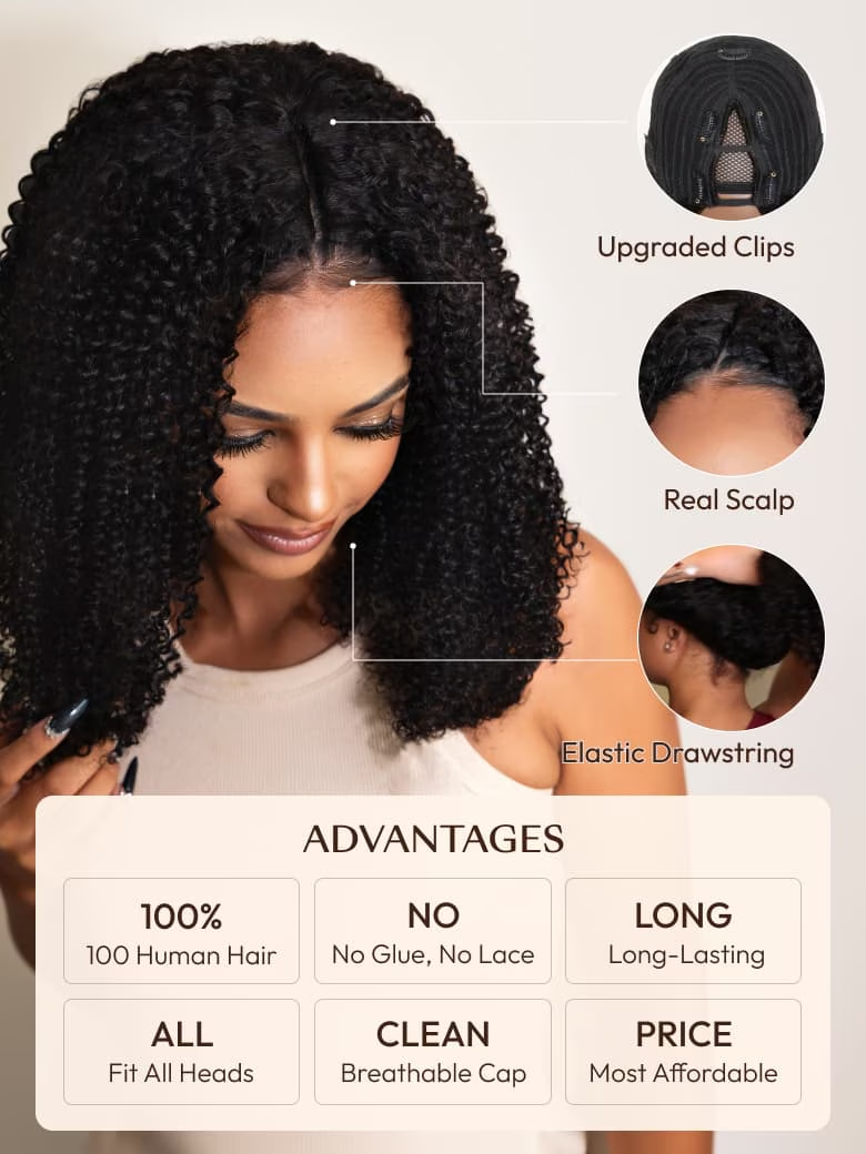 A model displays the UNice EasiContour V Part Glueless Yaki Glueless Wig Invisi Drawstring Human Hair, showing a model with curly hair and a diagram showing the features.