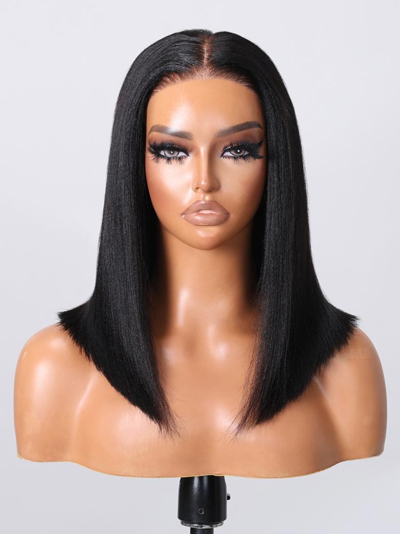 The UNice 13x4 Lace Front Yaki Bob Wig With Invisible Drawstring Pre-Cut, Pre-Bleached & product image shows a wig with long black hair and yaki texture, 13x4, lace.