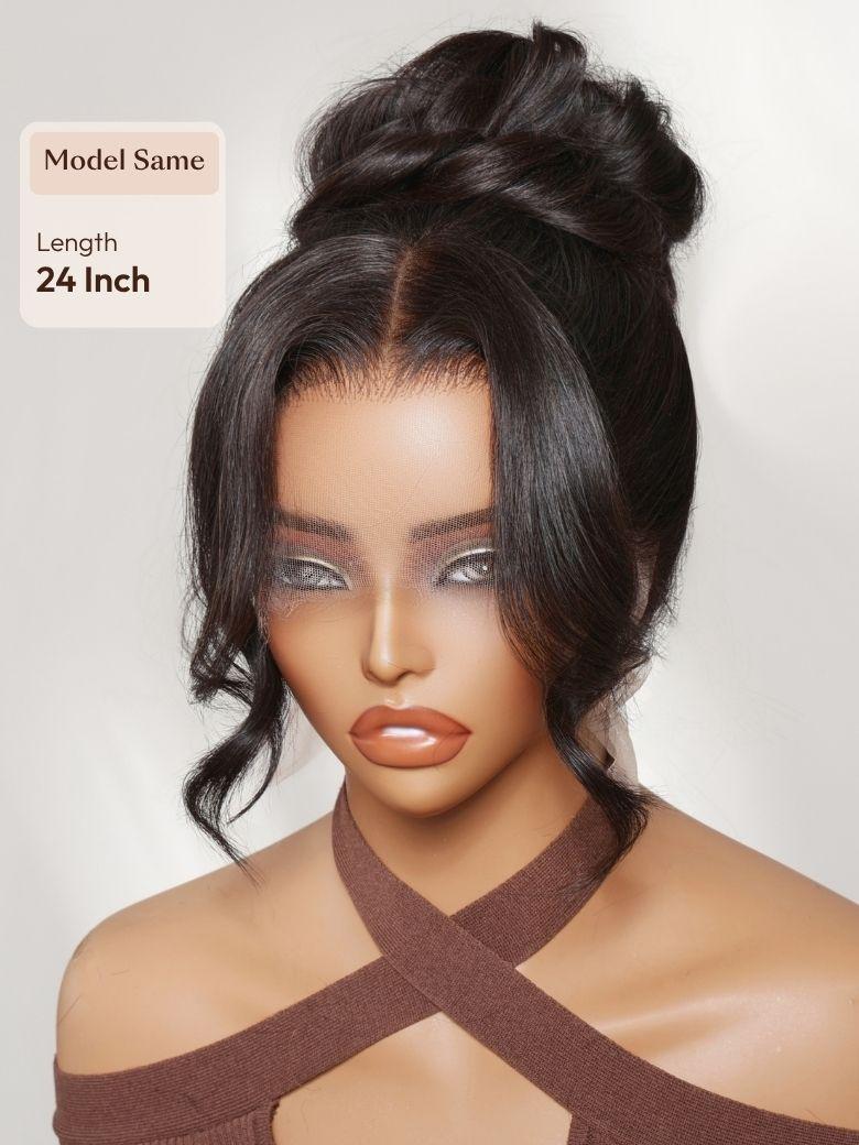 A model displays the UNice 360 HD Lace Pre-plucked Luxury Raw Virgin Hair Natural Black Body Wave Wig, showing a model with a brown top and a brown top and body wave.