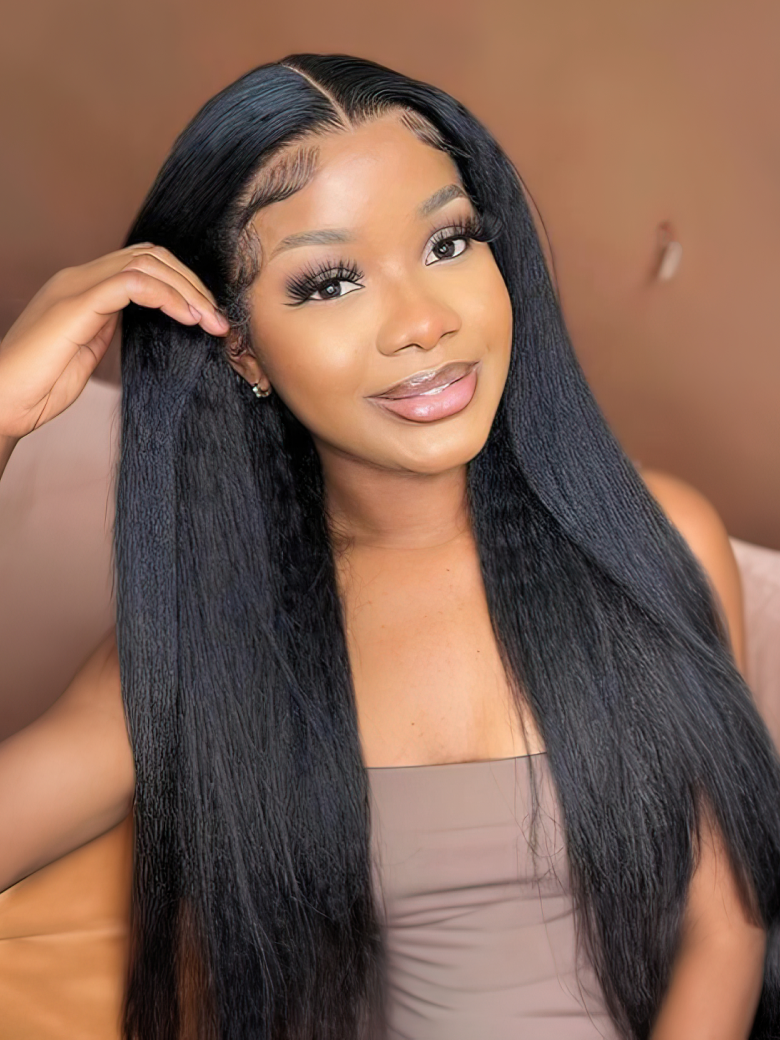 A model displays the UNice Beginner Friendly Kinky Straight U Part Glueless Wig Brazilian Natural Black Wig, showing a model with long black hair and kinky straight.