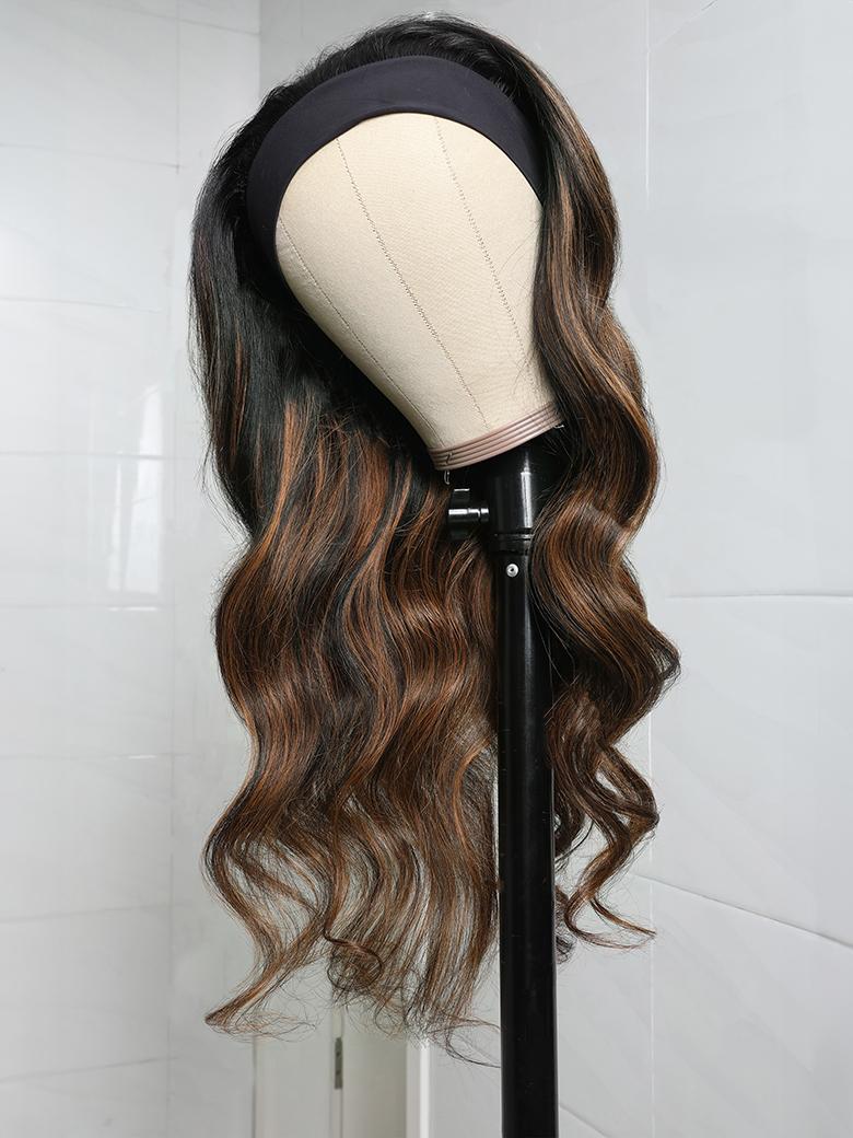The UNice Balayage Highlight Ombre Color Body Wave Headband Wig 150% Density visual image position 7 shows a wig on a stand | body wave texture, ombre, highlight.