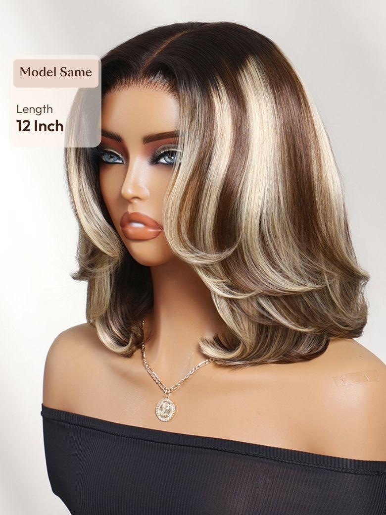 The UNice Bye Bye Slip 7x5 Lace Warm Brown with Beige Blonde Ribbon Highlights Layered wig image highlights Model Same, Length, 12Inch, a blonde wig with a blonde.
