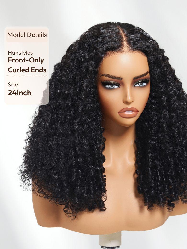 The UNice Mixed Texture Lace Natural Black Jerry Curly Wig with Defined Finger Coil Ends visual image position 7 shows a model with long curly hair | visible text: Model.