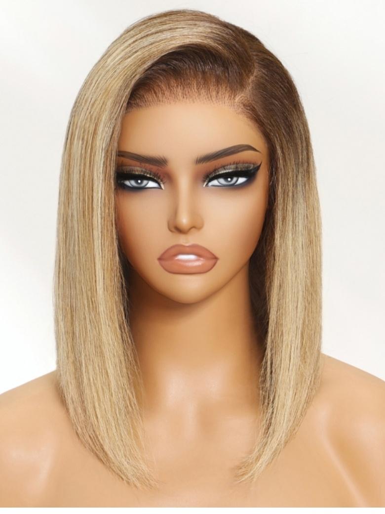 The UNice Shiny and Glossy Beige Blonde Hair Color product image shows a blonde wig with bangs and bangs.