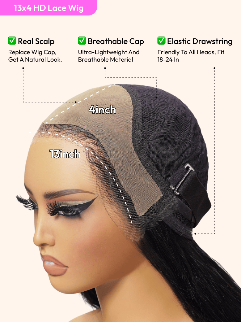 The UNice HD Real Scalp Wig 13x4 Invisible Lace Frontal Loose Wave with Face Framing image highlights 13x4HDLaceWig, Real Scalp, BreathableCap, ElasticDrawstring.