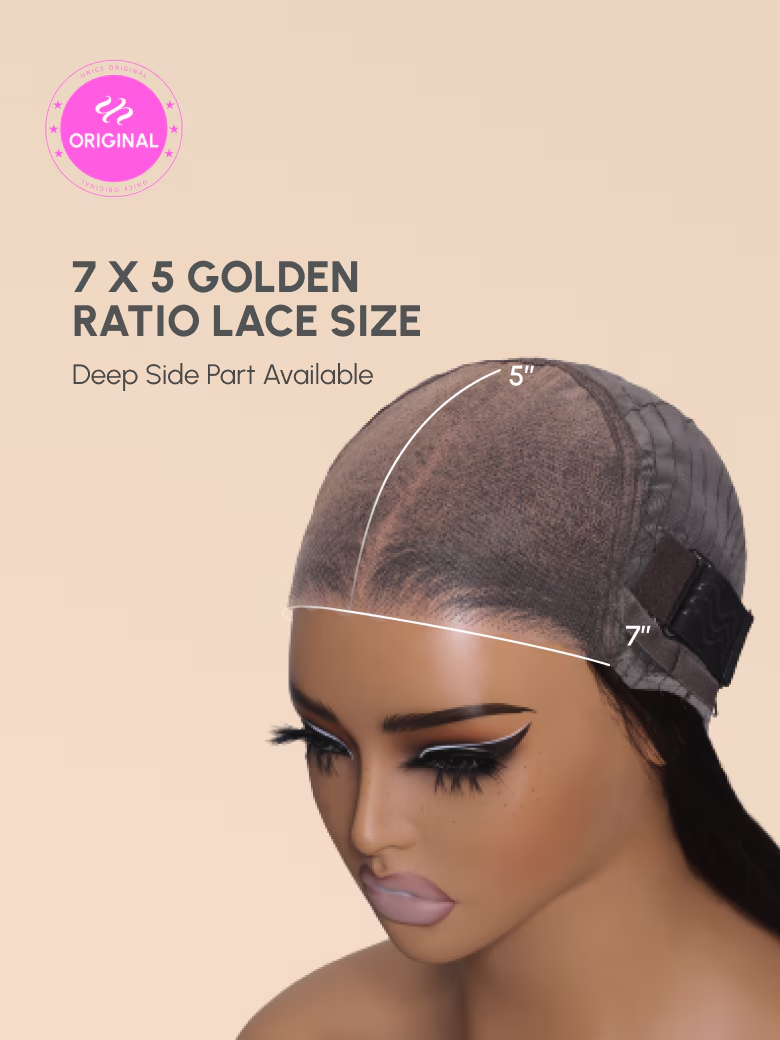 The UNice Price: 24"=26" 13x4 Pre-Everything Transparent Lace Front 3D Body Wave Wig image highlights ORIGINAL, 7X5GOLDEN, RATIO LACE SIZE, DeepSidePartAvailable.