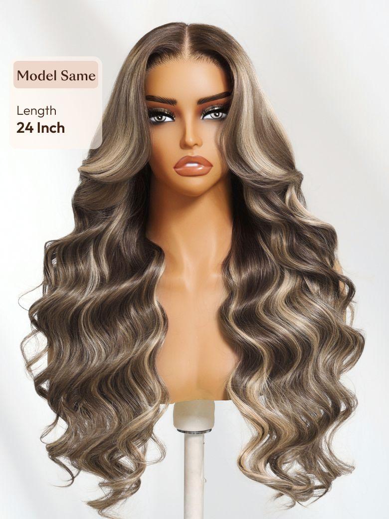 The UNice 13x4 Pre-Everything Lace No Slip Frontal Ash Brown Blonde Highlights Loose image highlights Model Same, Length, 24Inch, a wig with long wavy hair and a brown.