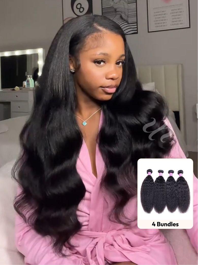 A model displays the UNice 4Pcs Kinky Straight Remy Human Hair Bundles, showing a model with long hair and a pink robe and kinky straight texture, straight texture.