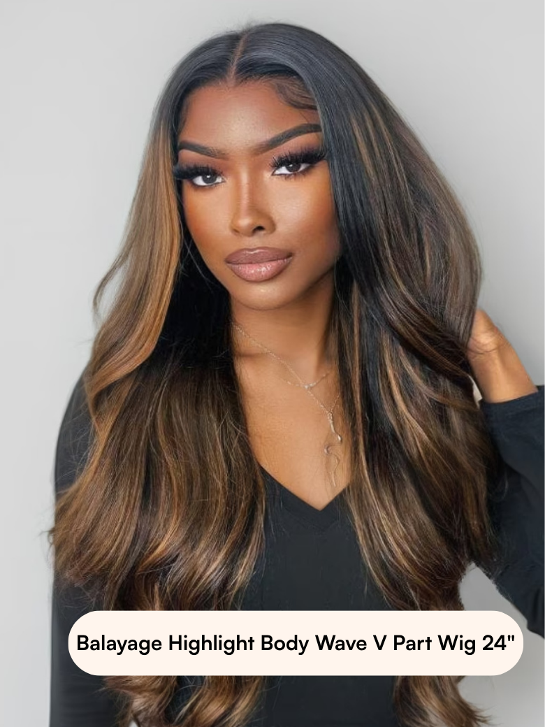 A model displays the UNice 180% Density Pre-Cut 6x4.5 Glueless Lace Honey Brown Highlights/ Reddish wig, showing balaye high body wave wig and body wave texture, reddish.