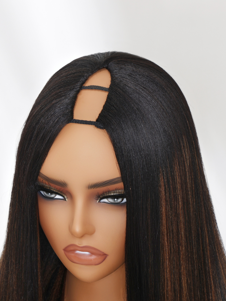 The UNice Everyday Elegance Meets Comfort Brown Ombre Straight Yaki Beginner Friendly V wig image highlights LO, a doll with long hair and a black dress and straight.