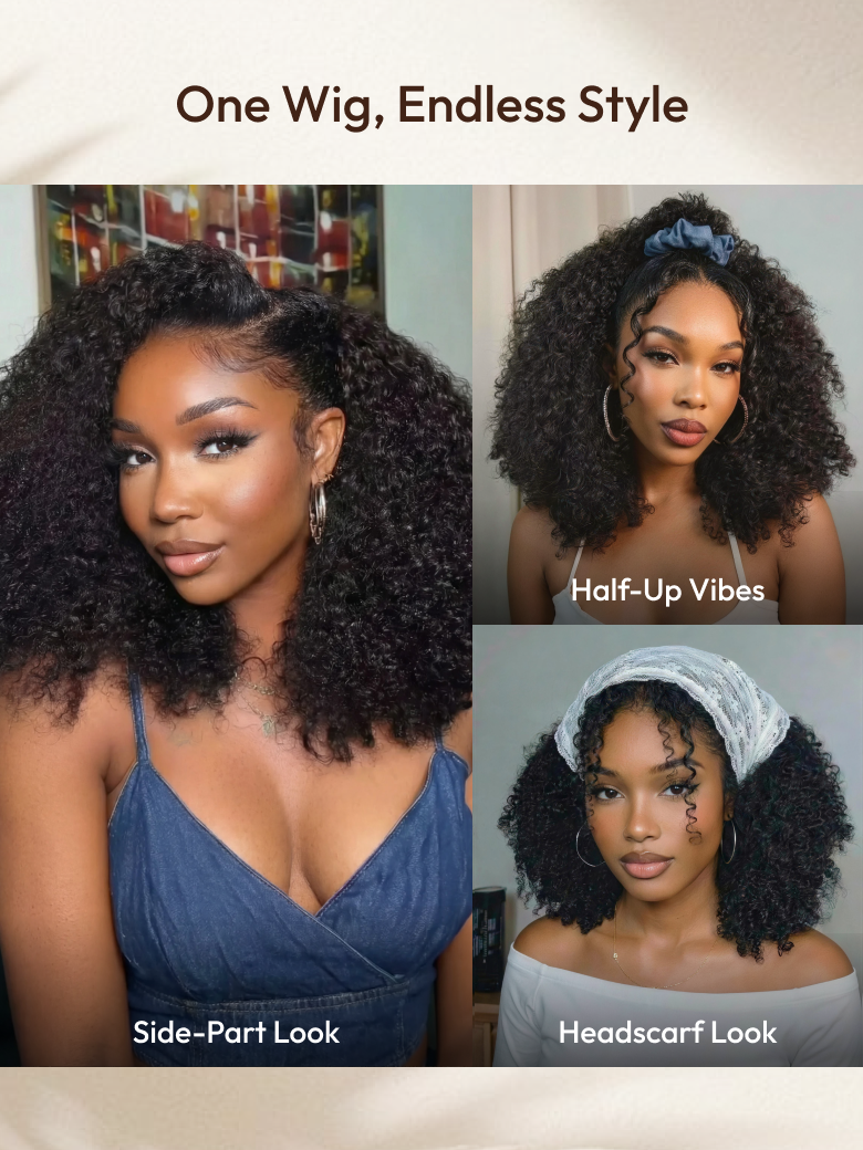 A model displays the UNice EasiContour V Part Afro Kinky Curly with Finger Coil Ends Drawstring Wig, showing one wig style for natural hair and kinky curly texture.