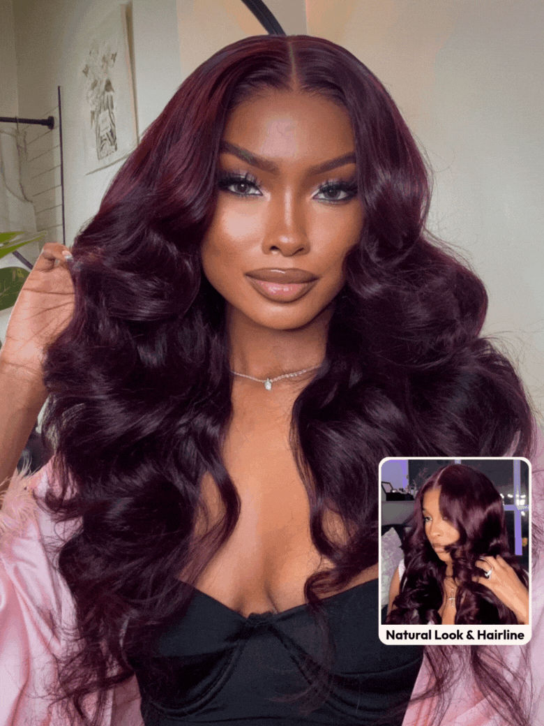 A model displays the UNice 7x5 Bye Bye Knots Purple Black Cherry Loose Wave Invisi Drawstring Wig, showing a model with long dark hair and a pink jacket and loose wave.